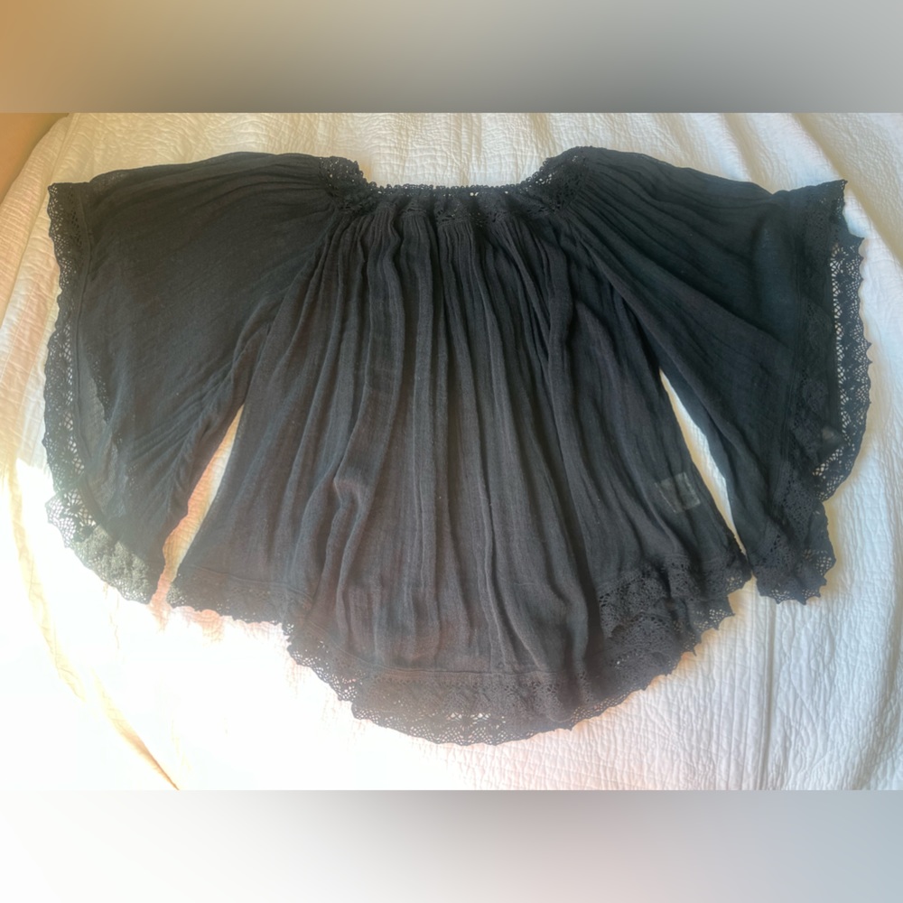 Ralph Lauren Denim & Supply Black off shoulder gauze lace Top w/ bell sleeves - Picture 12 of 16